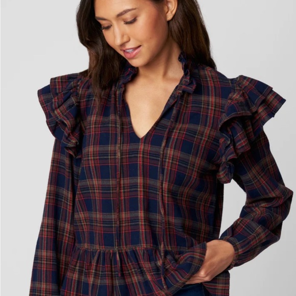 🔥NWT 🔥 Blank NYC Ruffle Detail Plaid Blouse Size S - Picture 1 of 6